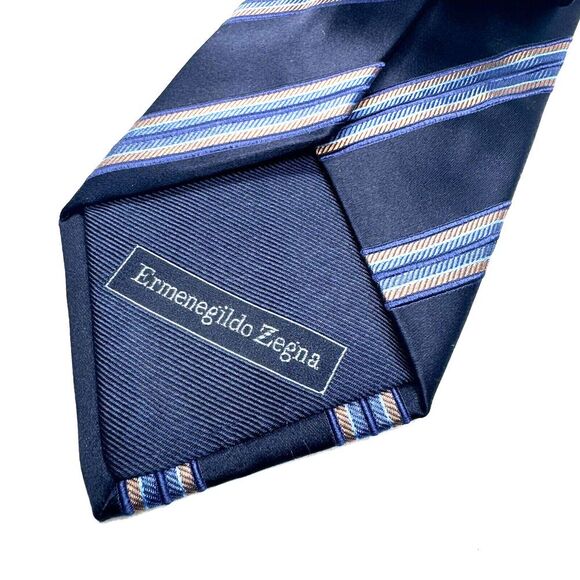 Ermenegildo Zegna Navy Blue Striped Silk Necktie Designer Business - Picture 3 of 4